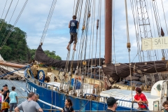 Un matelos grimpe aux haubants du Gallant dans le port de Deshaies